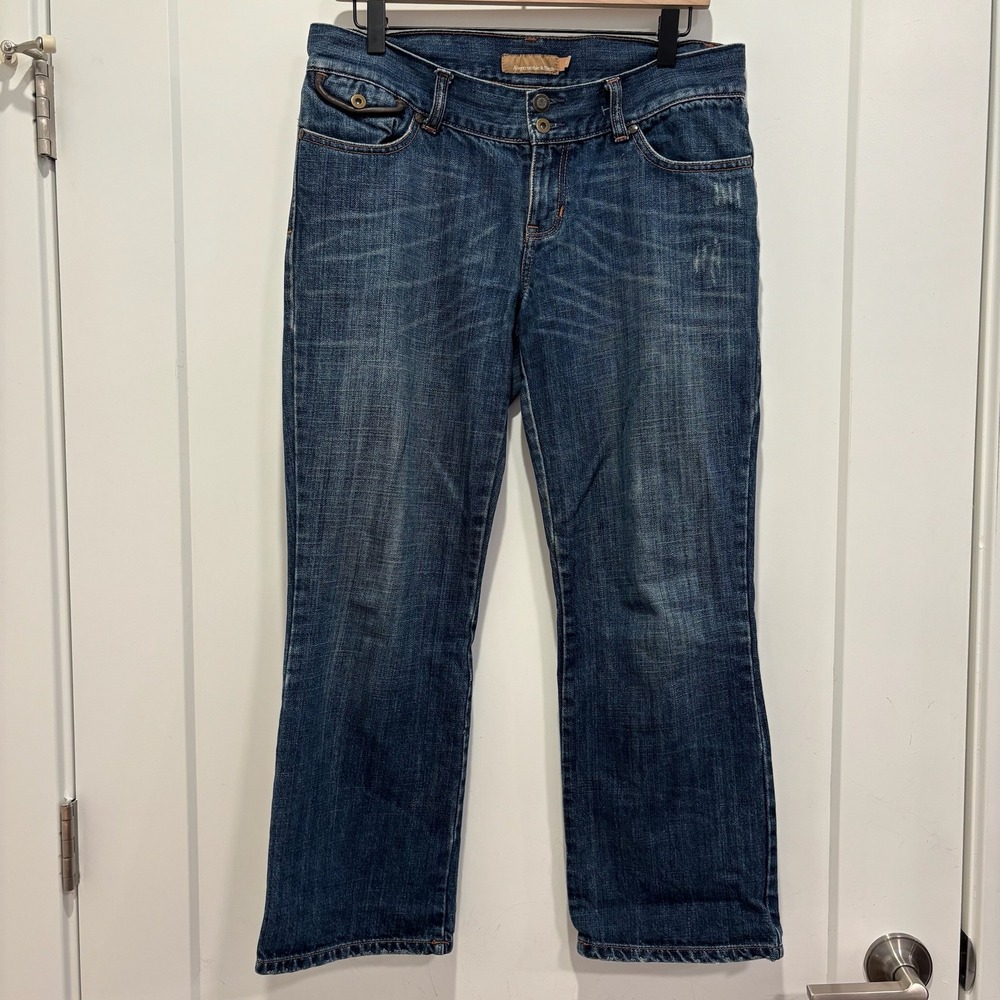 VTG Abercrombie &‎ Fitch Low Rise Bootcut Jeans Leather Trim Blue Denim Size 6